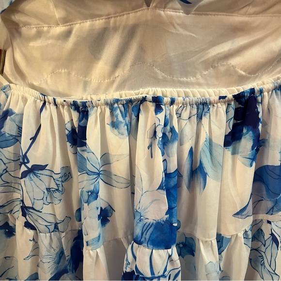 CHICWAYS DRESS, Size L, White & Blue V-Neck Y2K Babydoll Tiered Flowy Dress, NEW - Picture 9 of 12
